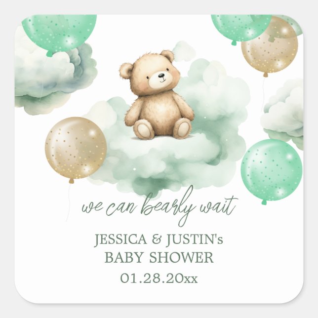 Teddy Bear Balloons Green Gold Sky Baby Shower Square Sticker (Front)