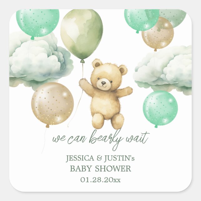 Teddy Bear Balloons Green Sky Baby Shower Square Sticker (Front)