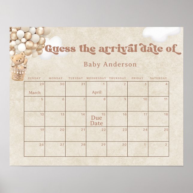 Teddy Bear Balloons Guess the due Date Calendar  Poster (Front)