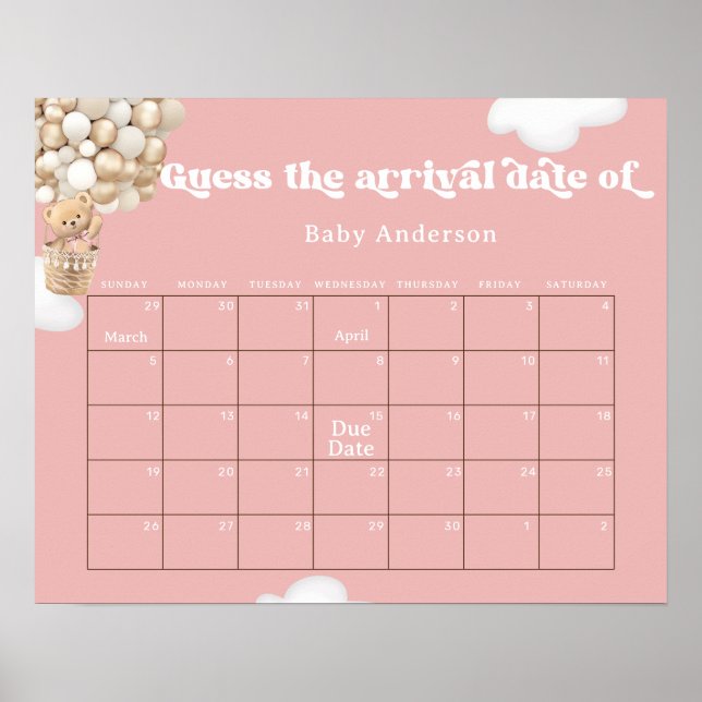 Teddy Bear Balloons Guess the due Date Calendar  Poster (Front)