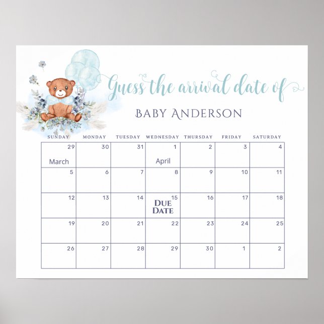 Teddy Bear Balloons Guess the due Date Calendar  Poster (Front)