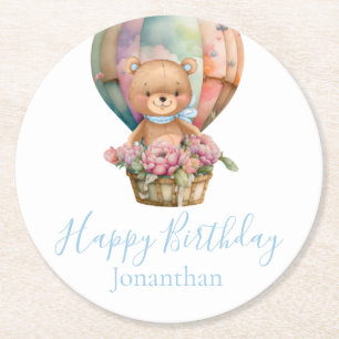 Teddy Bear Balloons Happy Birthday  Round Paper Coaster
