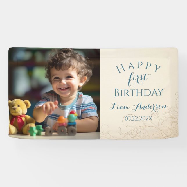 Teddy Bear Balloons Kids Photo Birthday Banner (Horizontal)