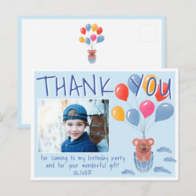 Teddy Bear Balloons Kids Photo Birthday Thank you Postcard (Front/Back)