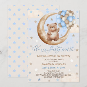 Teddy Bear Balloons & Moon Blue Boy Baby Shower Invitation