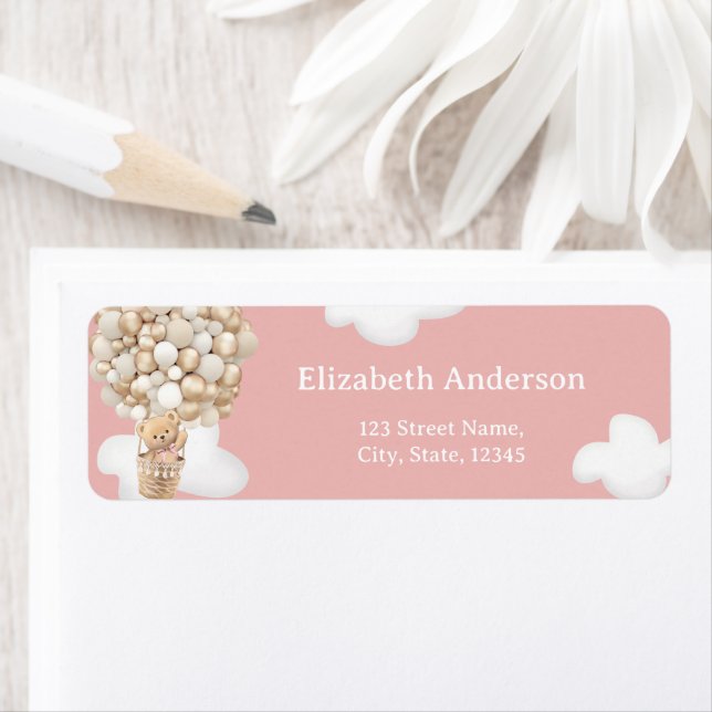 Teddy Bear Balloons Pink Baby Shower Label (En situation)