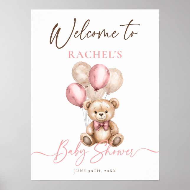 Teddy Bear Balloons Pink Baby Shower Welcome Poster (Front)