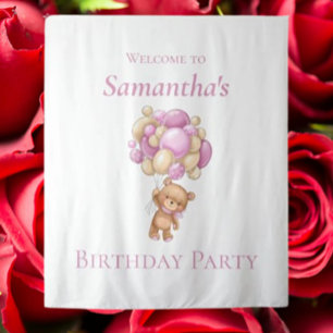 Teddy Bear  Balloons Pink Girl Birthday backdrop Tapestry