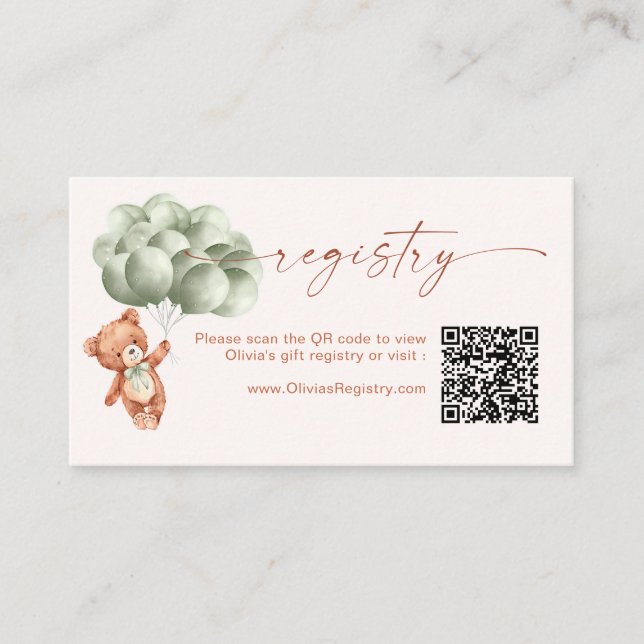 Teddy Bear Balloons Sage Green QR Code Registry Enclosure Card (Front)