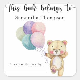 Teddy bear balloons - this book belongs to square sticker