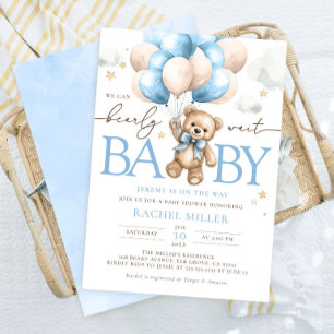 Teddy Bear Balloons We Can Bearly Wait Baby Shower Invitation