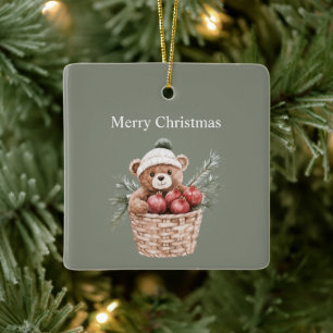 Teddy Bear Basket Pomegranates Christmas Ceramic Ornament