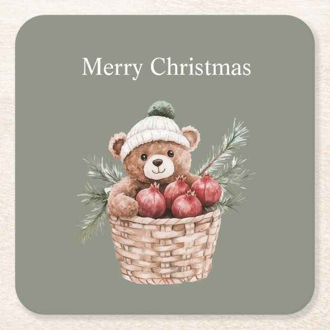 Teddy Bear Basket Pomegranates Christmas Square Paper Coaster (Front)