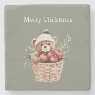 Teddy Bear Basket Pomegranates Christmas Stone Coaster
