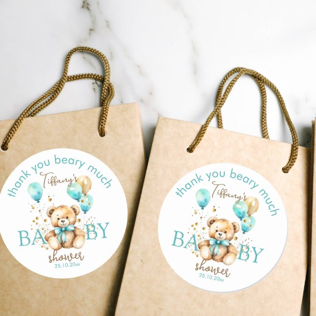 Teddy bear bearly wait aqua blue baby shower favou classic round sticker (Teddy bear baby shower thank you favor gift stickers aqua blue and brown fluffy teddy with balloons)