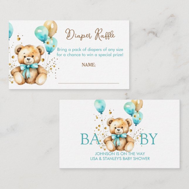 Teddy bear bearly wait baby shower diaper raffle enclosure card (Front/Back)