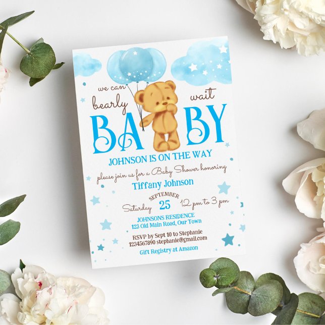 Teddy bear bearly wait blue and brown baby shower invitation (Teddy bear bearly wait baby shower template invitation instant download it's a boy blue and brown)