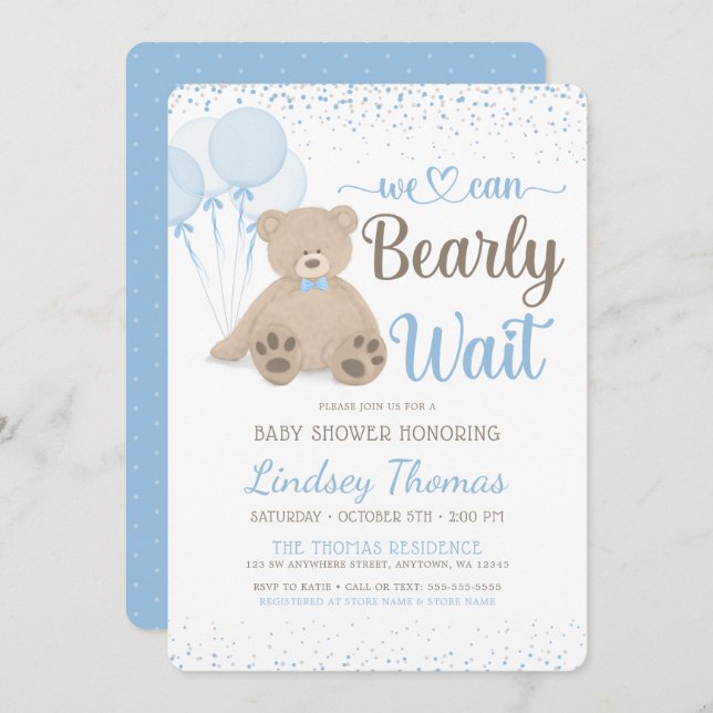 Teddy Bear Bearly Wait Confetti Boy Baby Shower Invitation (Front/Back)