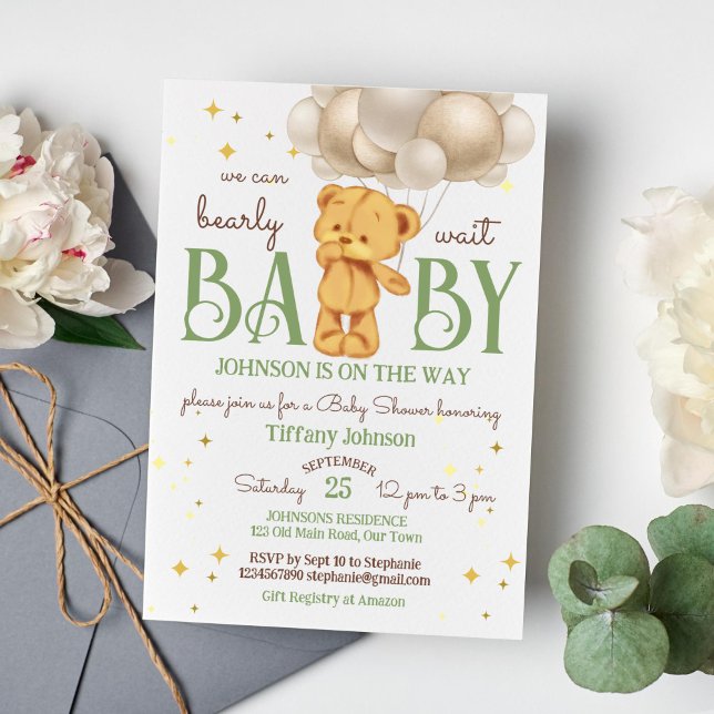 Teddy bear bearly wait green brown baby shower invitation (Teddy bear bearly wait baby shower template invitation cute teddy bear with balloons sage green brow)