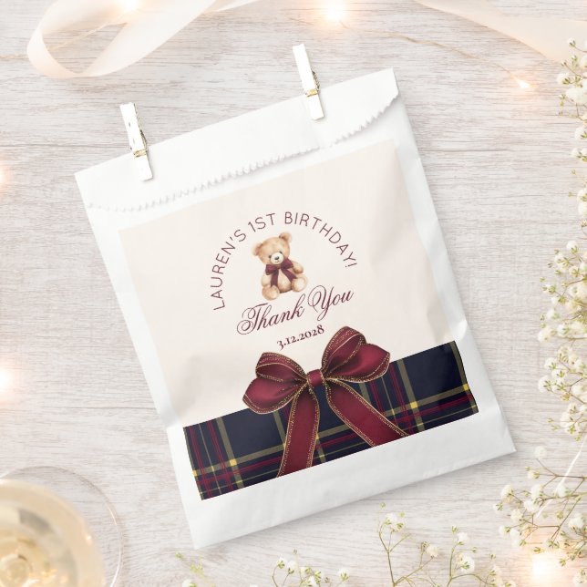 Teddy Bear Beary 1st Birthday Bow Plaid Thank you Favour Bag (Clipped)