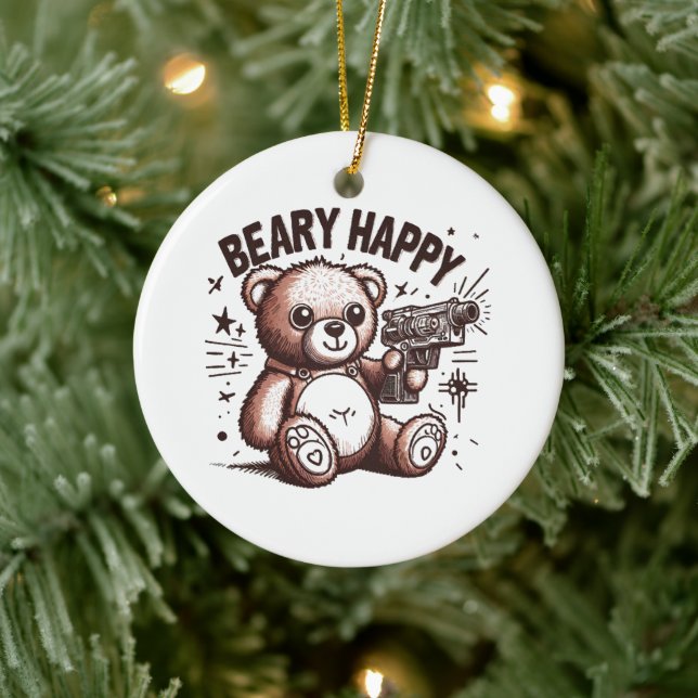 Teddy Bear Beary Happy Ceramic Ornament (Tree)
