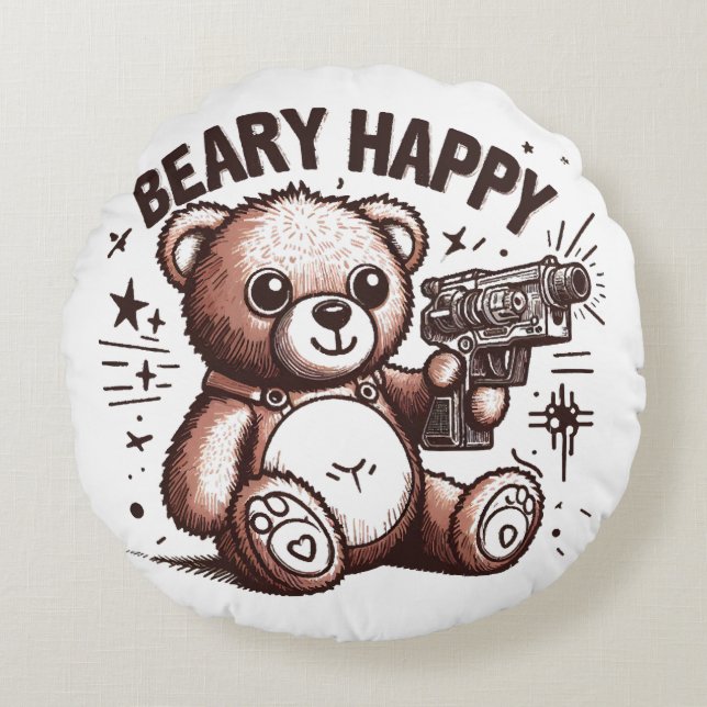 Teddy Bear Beary Happy Round Pillow (Front)