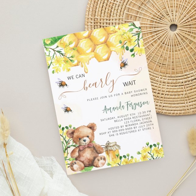 Teddy bear bees honeycomb yellow Baby Shower Invitation (Creator Uploaded)