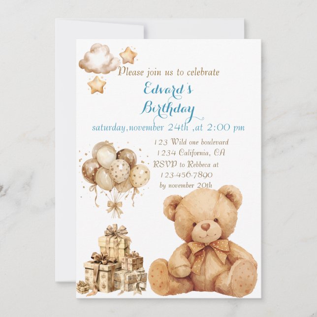 Teddy Bear Beige Balloon Birthday Invitation (Front)