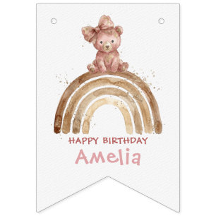 Teddy Bear Birthday Boho Watercolor Sparkle Bow Bunting Flags