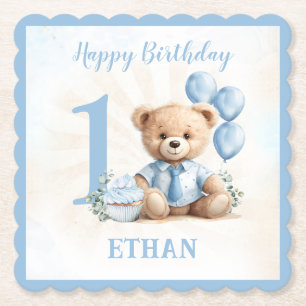 Teddy Bear Birthday Boy Blue Beige Paper Coaster