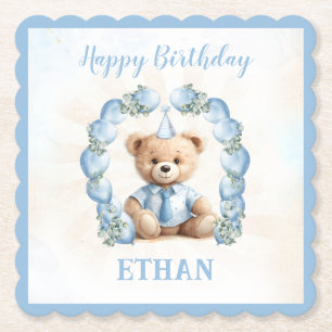 Teddy Bear Birthday Boy Blue Paper Coaster