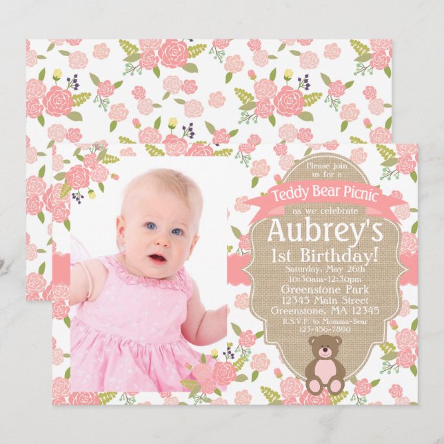 Teddy Bear Birthday Invitation - Teddy Bear Picnic (Front/Back)