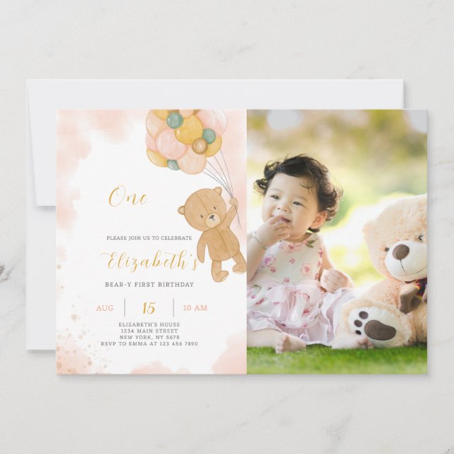 Teddy Bear Birthday Invitation With Photo (Front)