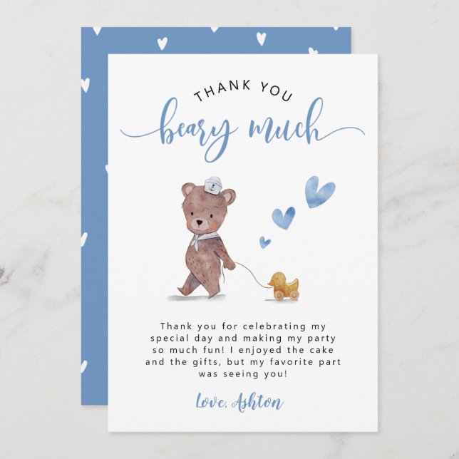 Teddy Bear Birthday Party Blue Thank You Card (Front/Back)