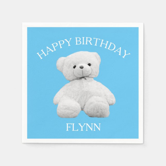 Teddy bear birthday party custom baby blue napkin (Front)