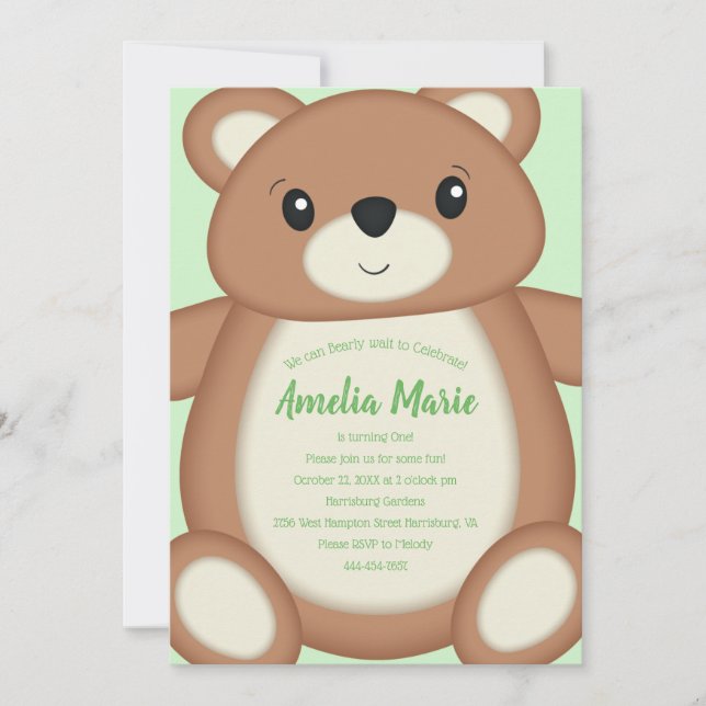 Teddy Bear Birthday Party Green  Invitation (Front)