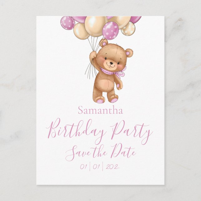 Teddy Bear Birthday Party Save the Date Pink Girl Postcard (Front)
