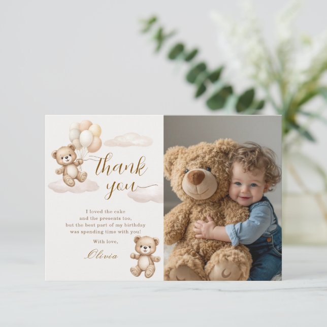 Teddy Bear Birthday Photo Thank You Card (Standing Front)