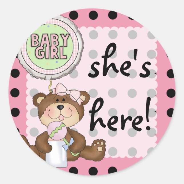 Teddy Bear Black Dot on Pink Classic Round Sticker (Front)