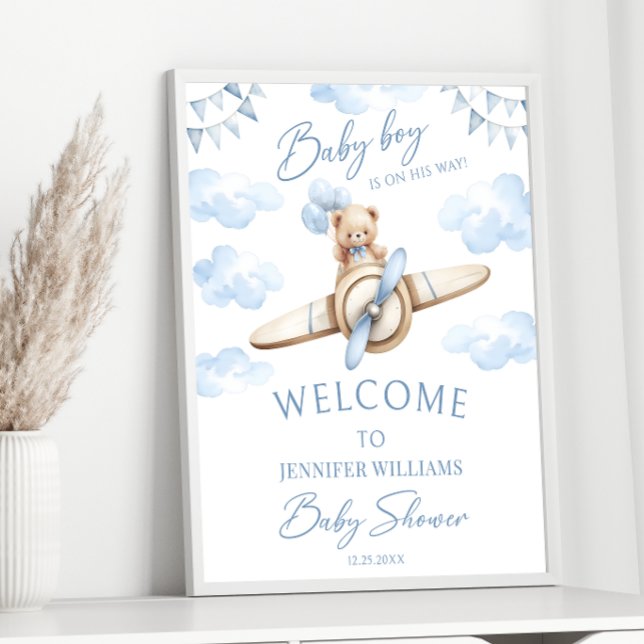 Teddy Bear Blue Airplane Adventure Baby Boy Shower Poster (Creator Uploaded)