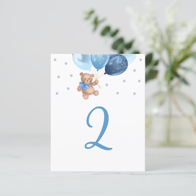 Teddy Bear Blue and Silver Table Number Sign (Standing Front)