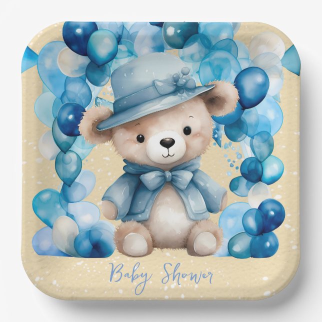 Teddy Bear Blue Arch Balloons Boy Baby Shower Paper Plate (Front)