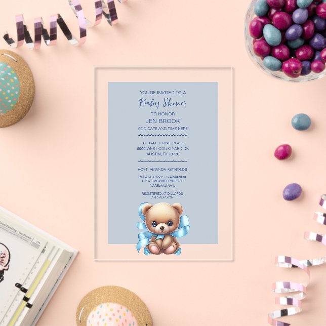 Teddy Bear Blue Baby Shower Acrylic Invitation (Insitu (Celebration))