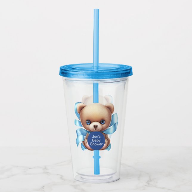 Teddy Bear Blue Baby Shower Acrylic Tumbler (Front)