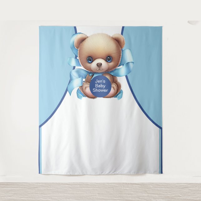 Teddy Bear Blue Baby Shower Backdrop Tapestry (Front)