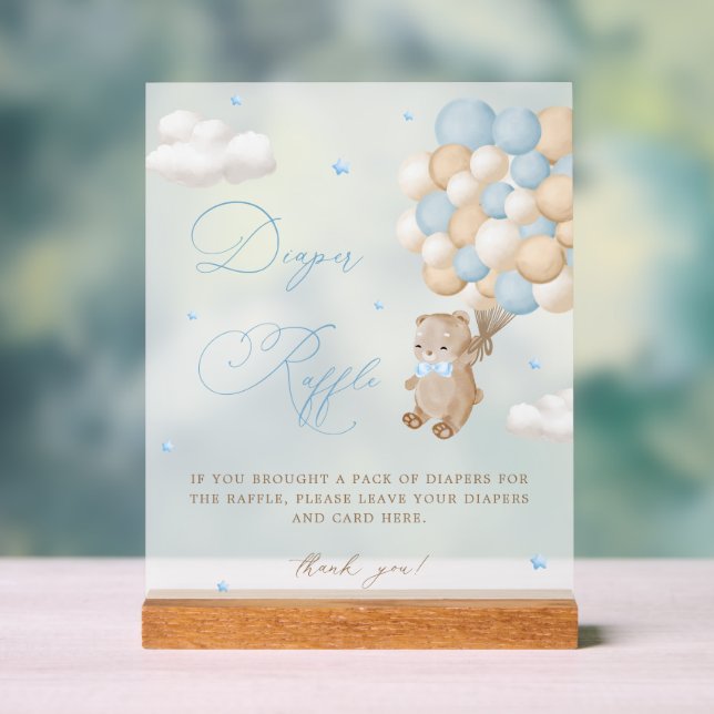 Teddy Bear Blue Baby Shower Diaper Raffle Acrylic Sign (Neutral)