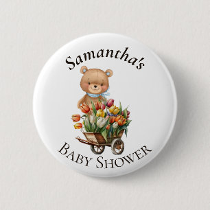 Teddy Bear Blue Baby Shower Floral Rustic 2 Inch Round Button
