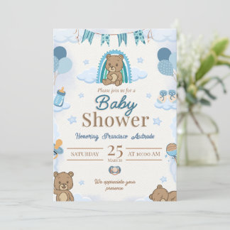 Teddy Bear Blue Baby Shower Invitation