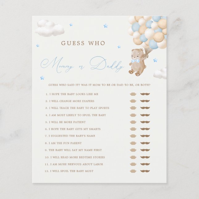 Teddy Bear Blue Baby Shower Mommy or Daddy Game (Front)
