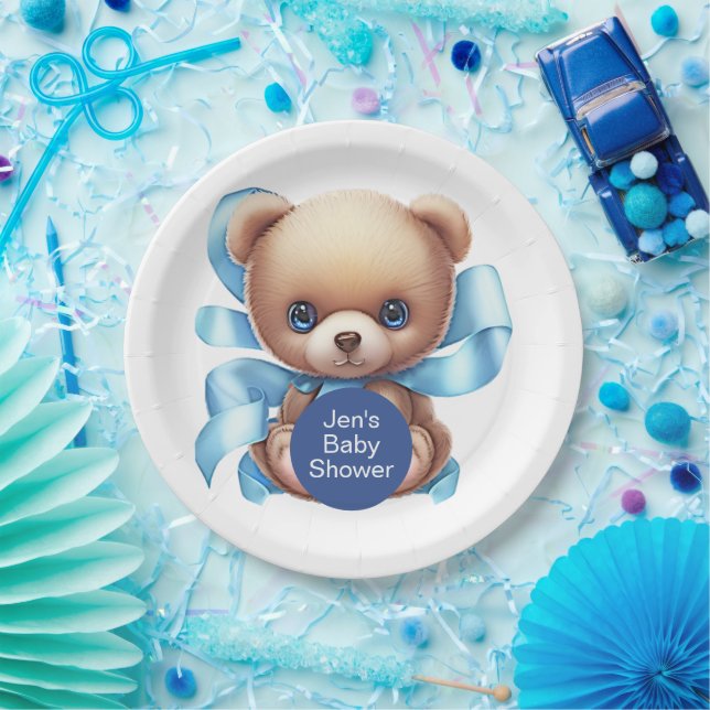 Teddy Bear Blue Baby Shower Paper Plate (Party)